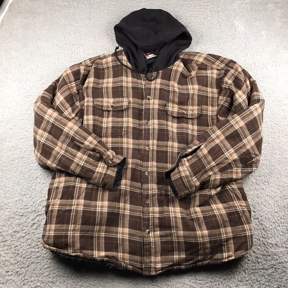 Wrangler Quilt Lined‎ Hooded Fleece Shirt Jacket Mens 3XL Brown Plaid Button Up
